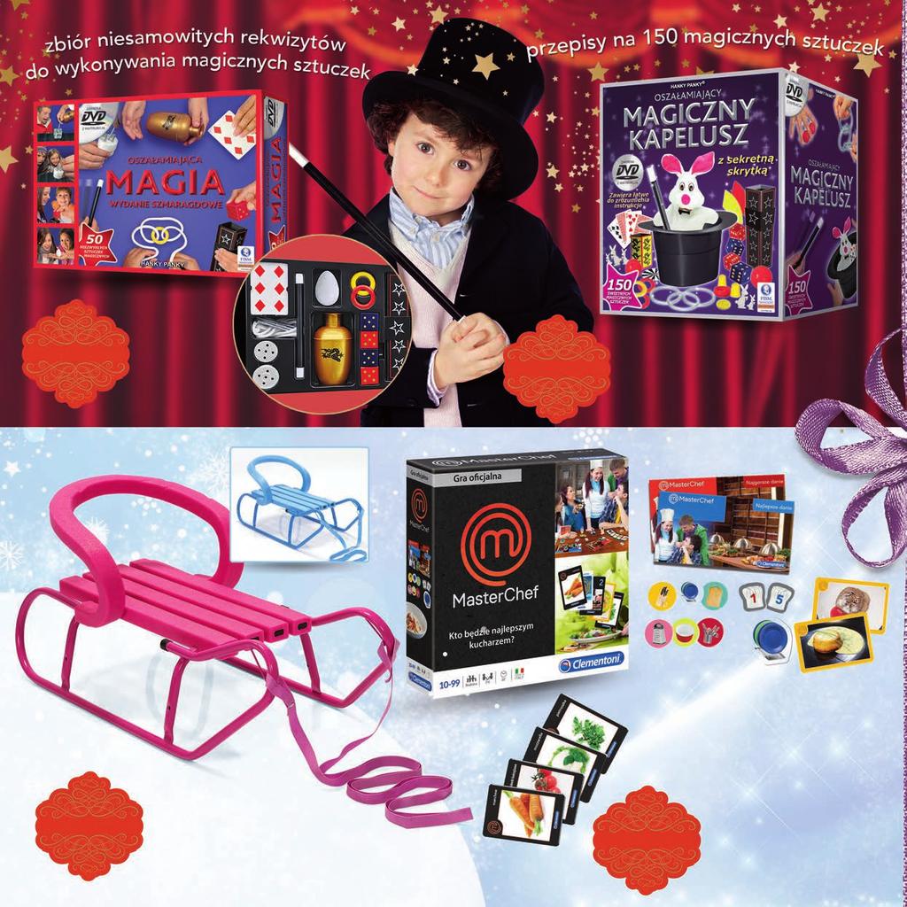 Magia 50 sztuczek Cartamundi / 1 opak. 69,99 płyta DVD / 1 opak. z instruktażem 59,99 Magiczny kapelusz Cartamundi pluszowy króliczek płyta DVD z instruktażem 79,99 Sanki metalowe Fommy wym.