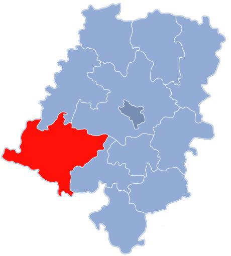 b) Okres Nysa (Powiat nyski). Mapa: Okres Nysa na mapě opolského kraje. Zdroj mapy: PetrusSilesius, CC BY-SA 3.0. Okres Nysa (Powiat nyski) - okres v jižní části opolského regionu.