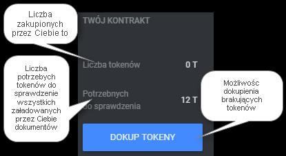 Liczbę dostępnych Tokenów możesz sprawdzić w sekcji informacyjnej w menu po lewej stronie ekranu.