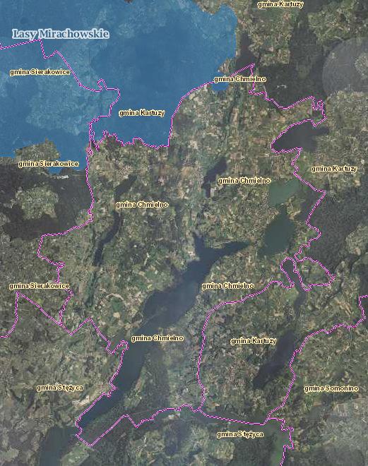 Rys. 20 Obszary Natura 2000 na terenie Gminy Chmielno / Źródło: geoserwis.gdos.gov.pl Obszar o znaczeniu dla Wspólnoty Uroczyska Pojezierza Kaszubskiego PLH220095 zajmuje łącznie powierzchnię ok.