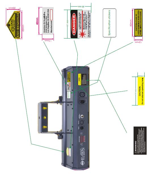 ZNAKI OSTRZEGAWCZE DOTYCZĄCE LASERA SET UP Zasilanie: Fusion FX Bar 5 produkcji American DJ zawiera przełącznik elektroniczny, który automatycznie odczytuje napięcie sieci.