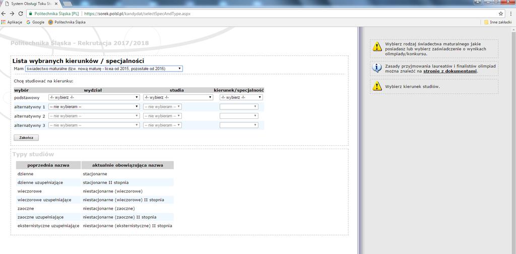 Etap 3: Wybór kierunku / specjalności Po wyborze z rozwijanej listy posiadanego świadectwa, wybierz