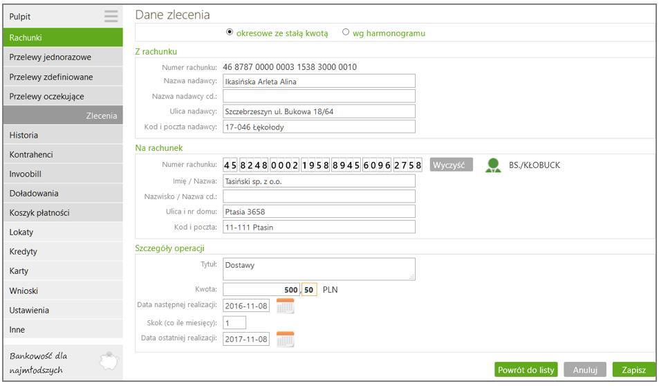 W obszarze Z rachunku system automatycznie podstawia dane wybranego przez klienta rachunku, nazwę nadawcy i dane adresowe można zmienić.