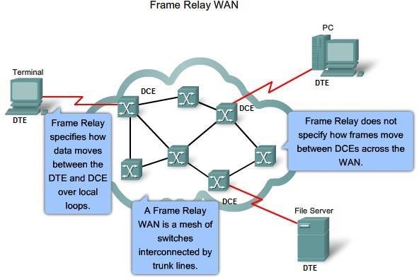 Frame Relay Zorientowana połączeniowo usługa sieci WAN z komutacją pakietów Działa w warstwie łącza danych Protokół LAPF (Link Access Procedure for Frame Relay) Przesył ramek danych pomiędzy: