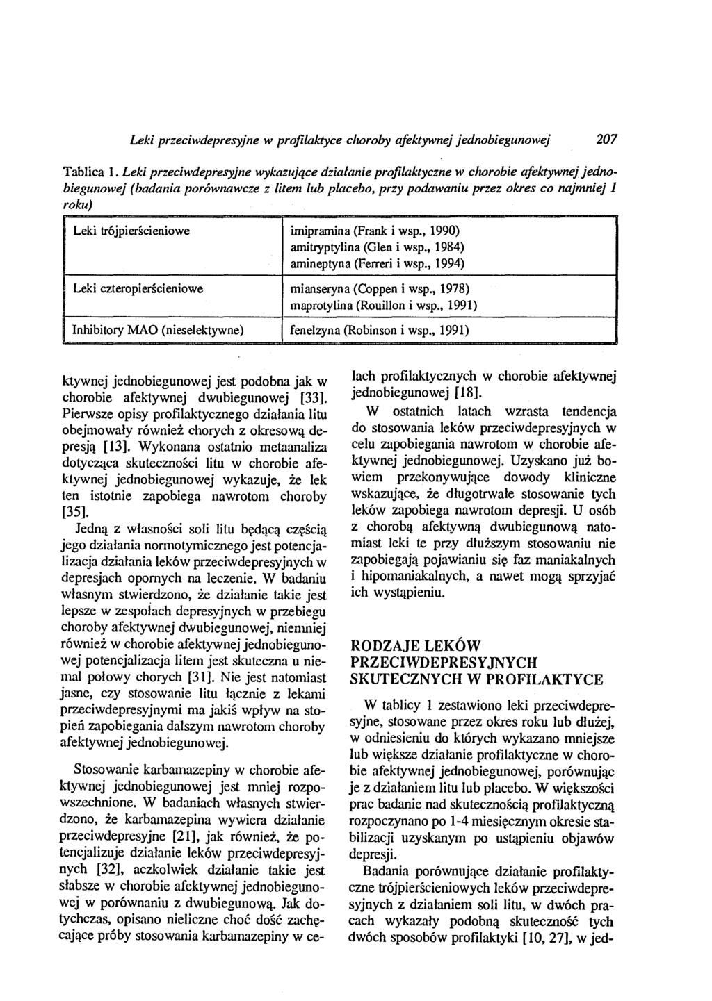 Leki przeciwdepresyjne w profilaktyce choroby afektywnej jednobiegunowej 207 Tablica 1.
