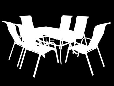 zestaw sześciu krzeseł (możliwość sztaplowania)i stół z profili aluminiowych, blat stołu z hartowanego czarnego szkła.