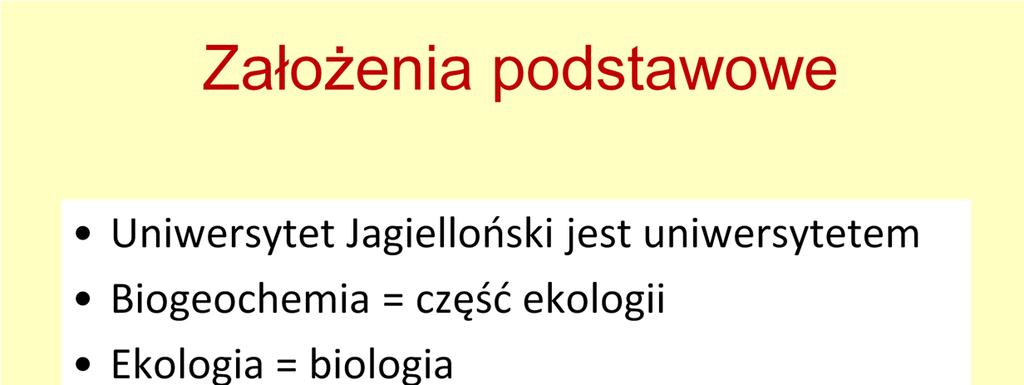 ZałoŜenia podstawowe Uniwersytet Jagielloński jest uniwersytetem (zaraz wyjaśnimy, co znaczy ta pozorna tautologia) Biogeochemia to część szerszej dziedziny naukowej, ekologii.