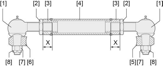 Montaż Rysunek 4: Mechanizm dźwigniowy z przegubami kulkowymi [1] Przegub kulkowy [2] Przeciwnakrętka [3] Nakrętka spawana [4] Rura [5] Dźwignia armatury [6] Dźwignia obrotowa [7] Nakrętka koronowa
