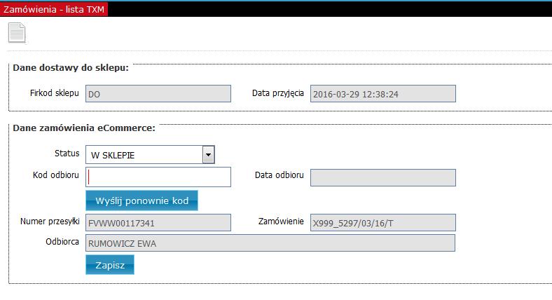 Po zatwierdzeniu paczka zostaje oznaczona jako ODEBRANA. UWAGA! o Jeżeli klient zapomniał kodu jest możliwość ponownego przesłania go smsem na numer telefonu przypisany do zamówienia.