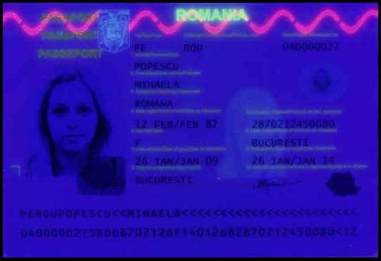 Zabezpieczenie na laminacie widoczne w promieniowaniu UV 146 farba fluoryzująca (farba widoczna w oświetleniu normalnym), Nadruk fluoryzujący lub nadruk fluoryzujący, (niewidoczny w oświetleniu