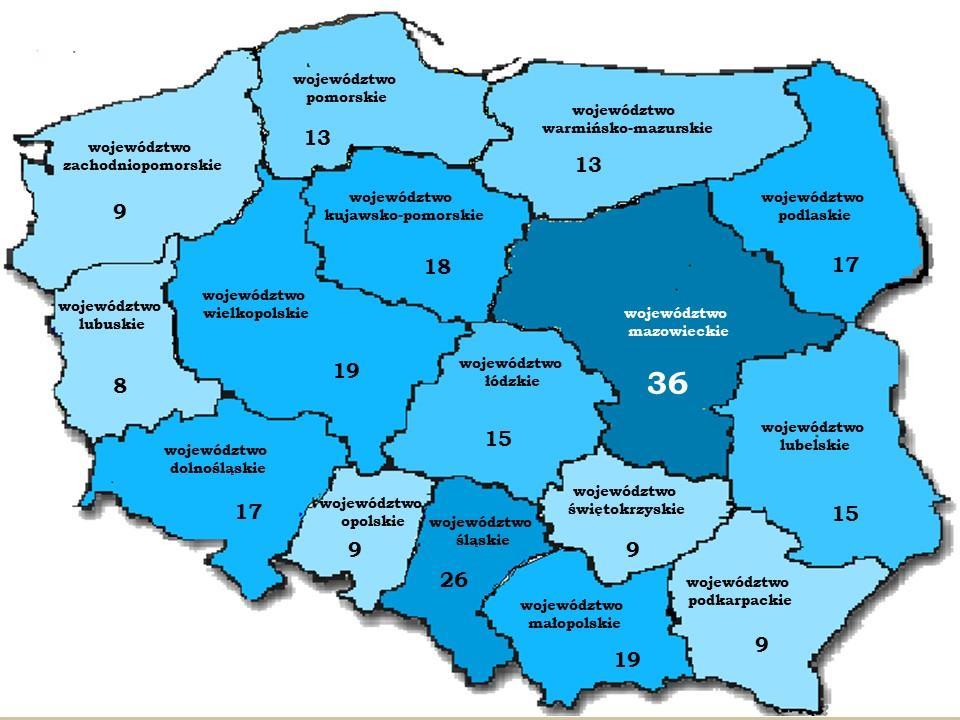 Mapa 1 Liczba organizatorów kształcenia w 2016 roku z uwzględnieniem podziału administracyjnego kraju Analizując realizację kształcenia przez organizatorów w ramach szkoleń specjalizacyjnych, kursów