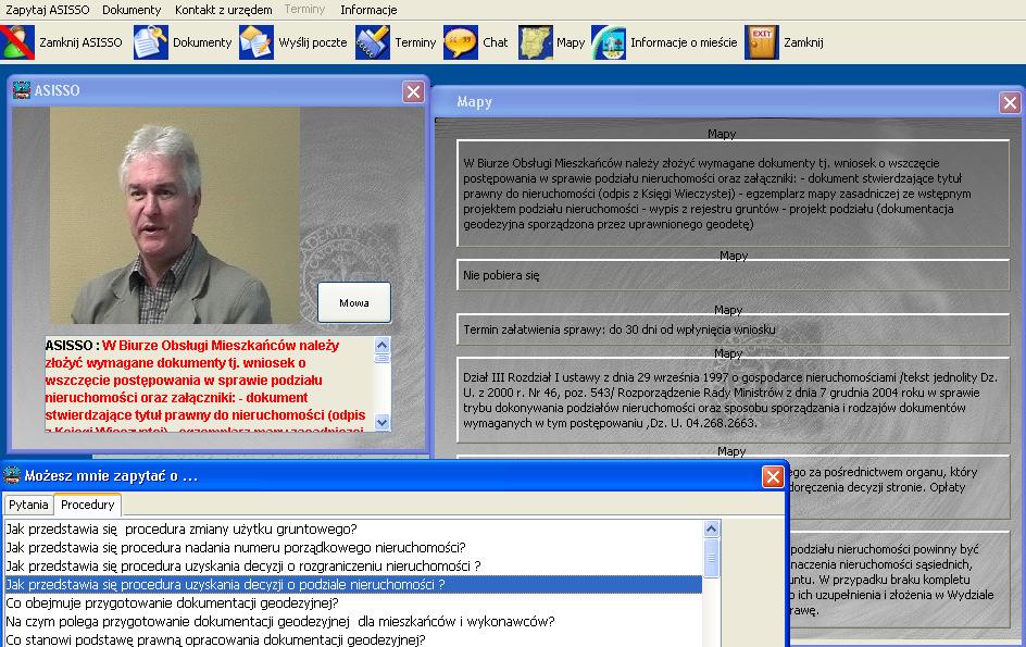 Agent ASISSO po wybraniu przez uŝytkownika danego zagadnienia wyświetla na ekranie szereg podpowiedzi w postaci linków do stron oraz plików, które mogą zostać uŝyte przez petenta, a których zadaniem