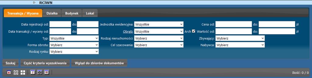 Budynek, Lokal (8). Wybierając poszczególne zakładki można wskazywać kolejne kryteria wyszukiwania, które pojawiają się poniżej paska z zakładkami (9).