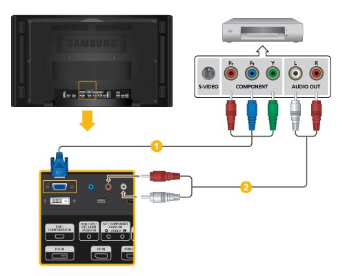 Połączenia Podłączanie odtwarzacza DVD Podłącz kabel RGB do Component do portu [RGB/COMPONENT IN] wyświetlacza LCD i złącz P R, Y, P B