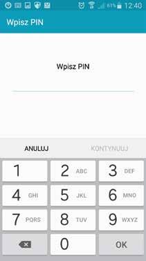 PIN Aby zabezpieczyć ekran swojego telefonu za pomocą kodu PIN, należy wcisnąć opcję PIN i wpisać co najmniej 4 wybrane cyfry: