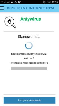 Po uruchomieniu skanowania, aplikacja Bezpieczny Internet TOYA rozpoczyna skanowanie: Ochrona antywirusowa automatycznie skanuje pliki instalowane na urządzeniu.