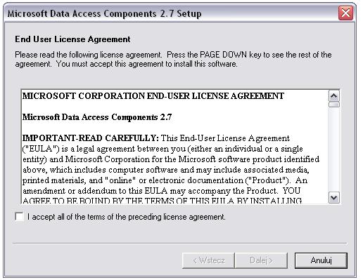 Pojawi sie okno z następującą informacją: Przeczytaj warunki umowy licencyjnej. Zaznacz I accept all the terms of the preceding license agreement.