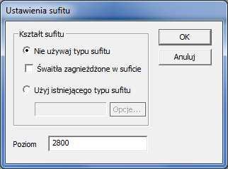 3. Określ wysokość sufitu wpisując wartość parametru poziom (domyślna wartość wynosi 2800mm). Rysuj sufit 1. Z paska menu wybierz Pokój Rysuj sufit. 2. Przygotuj szkic na planie podłogi zawierający zamknięte kontury.