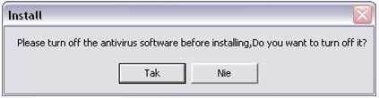 W celu zapewnienia pomyślnego przebiegu instalacji kliknij Tak w oknie install aby wyłączyć program antywirusowy.