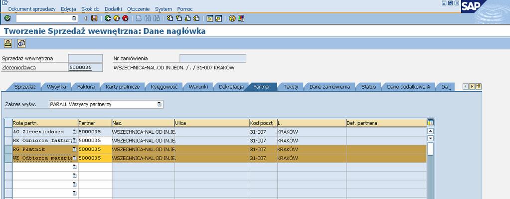 Tworzenie Sprzedaż wewnętrzna: Dane nagłówka 13.