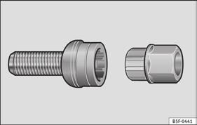 Porady 210 Śruby zabezpieczające przed kradzieżą kół* Rys. 161 Śruba zabezpieczająca przed kradzieżą kół Do wkręcania śrub przeciwkradzieżowych potrzebny jest specjalny adapter do śrub kół.