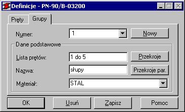 Po naciśnięciu klawisza Parametry znajdującego się na zakładce Pręty otwierane jest okno dialogowe Parametry (jest ono zależne od wybranej normy stalowej).