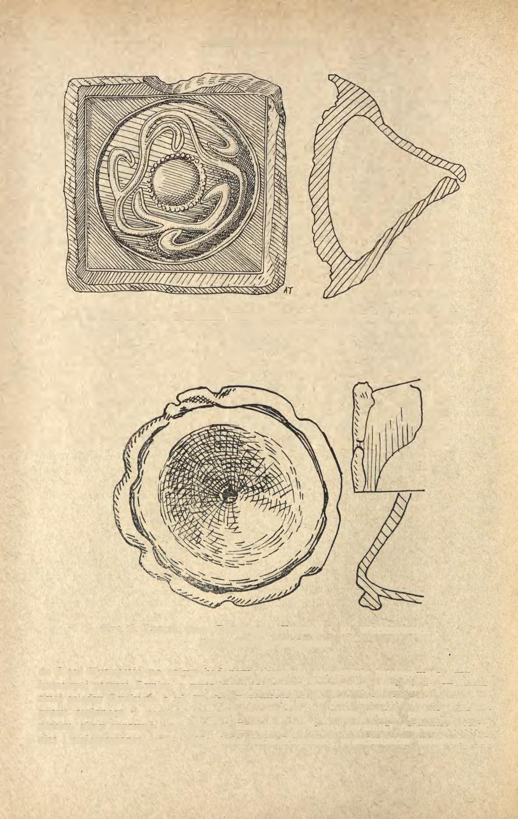 198 TERESA KIERSNOWSKA Ryc. 2. Czersk, pow. Piaseczno. Warstwa I, ul. Warszawska. Kafel z wielobarwną polewą Ryc. 3. Czersk, pow. Piaseczno. Warstwa I, ul. Warszawska. Dno naczynia szklanego do 2 m.