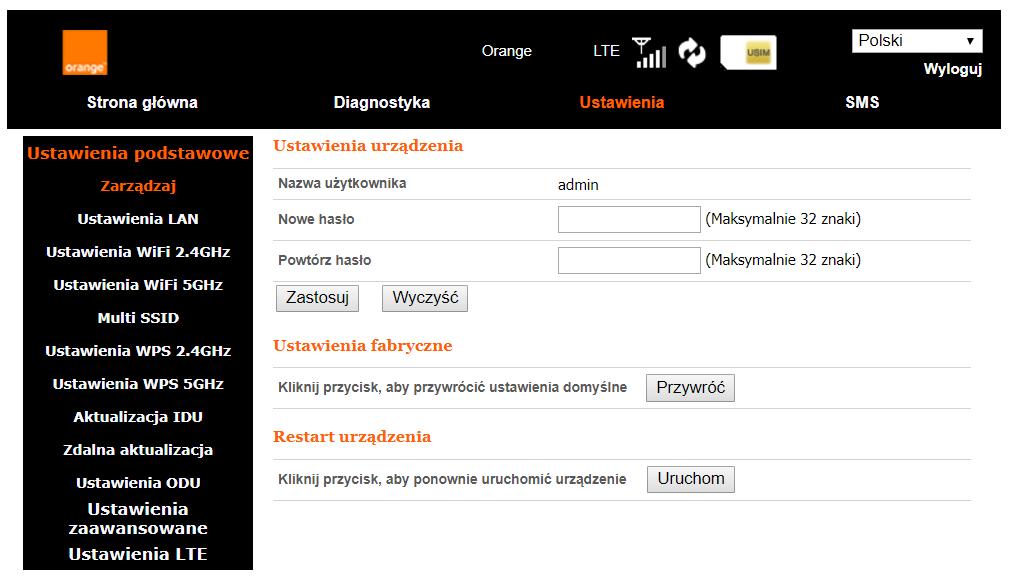 8.3 Ustawienia 8.3.1 Ustawienia podstawowe 8.3.1.1 Zarządzaj Zakładka pozwala na zmianę hasła dostępu do interfejsu urządzenia, przywrócenie ustawień fabrycznych oraz przeprowadzenie restartu urządzenia.