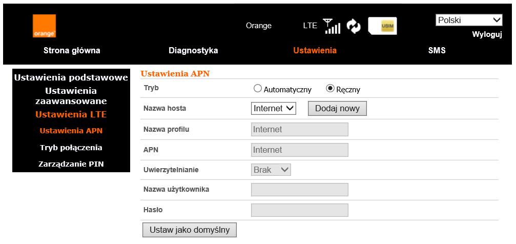 8.3.3 Ustawienia LTE Ustawienia w sekcji Ustawienia LTE pozwalają na zmianę parametrów związanych z połączeniem z siecią komórkową i przeznaczone są dla zaawansowanych użytkowników.