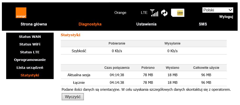 8.4 Diagnostyka W menu Diagnostyka znajdują się informacje na temat aktualnego stanu urządzenia, takie jak: Status WAN zewnętrzny adres IP urządzenia przydzielony przez sieć komórkową Status WiFi