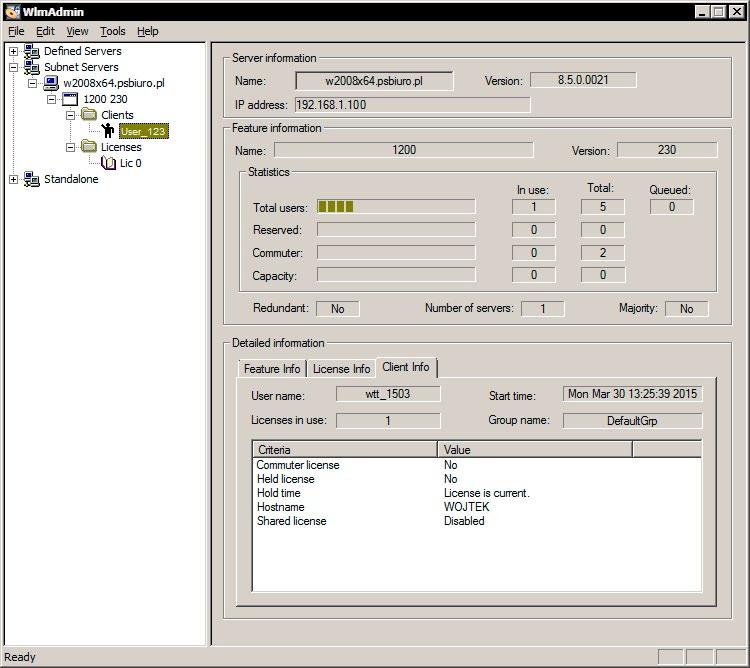 5 Każdy host z działającą usługą Sentinel RMS License Manager rozgłasza się w sieci z informacją na temat zajętości licencji IBM SPSS, a aplikacja administratora licencji WlmAdmin wyświetla te