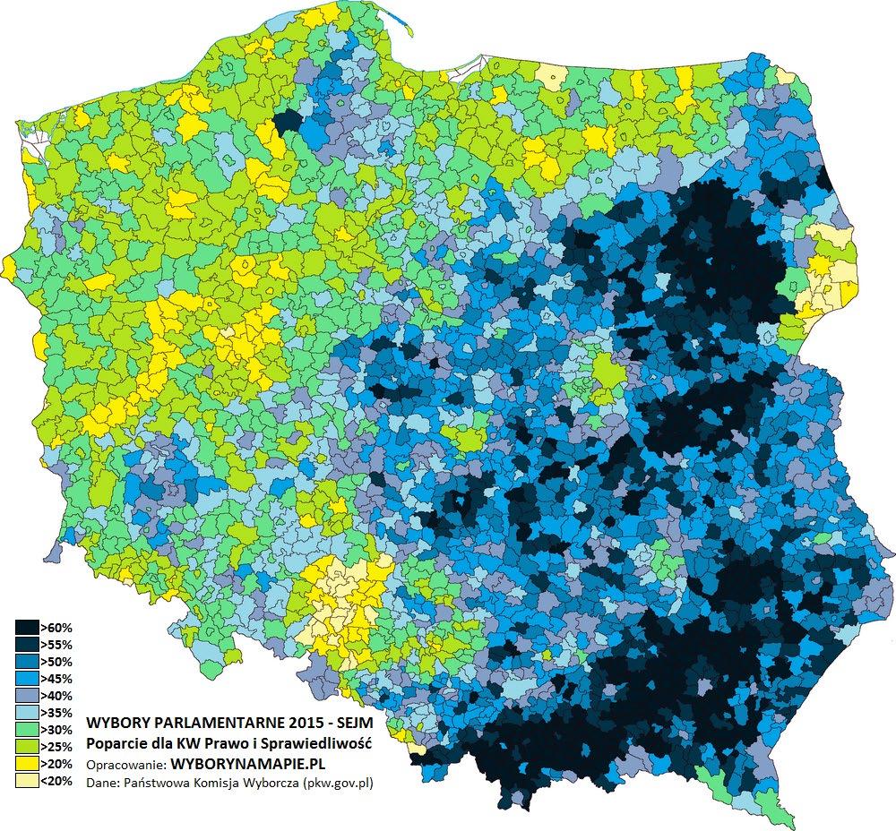 Główne skupiska wyborców: woj. małopolskie, woj. podkarpackie, zachodnia część woj. podlaskiego, zurbanizowane obszary wokół dużych miast, np.: Warszawy, Łodzi, Wrocławia.