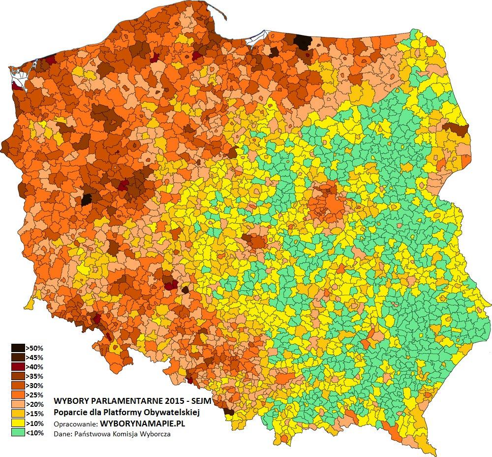 Główne skupiska wyborców: przede wszystkim wielkie miasta, m.in.: Warszawa, Poznań, Kraków, Wrocław, Łódź zachodnia Polska, woj. warmińsko-mazurskie, woj. śląskie, woj. opolskie.