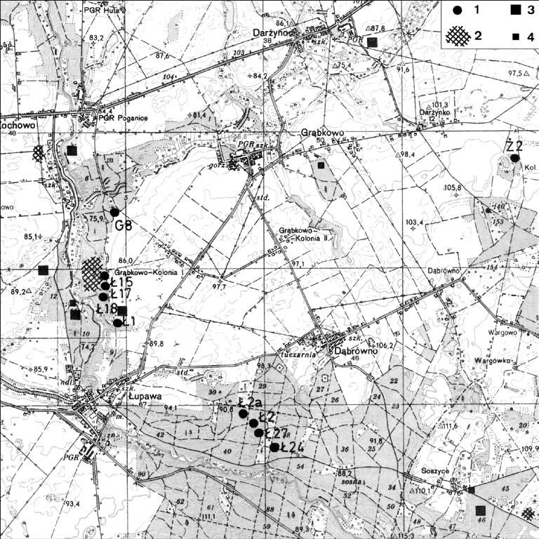 Dziedzictwo archeologiczne Doliny Łupawy Ryc. 2. Rozmieszczenie najważniejszych stanowisk z łupawskiego mikroregionu osadniczego ludności kultury pucharów lejkowatych.