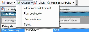 Załączniki umożliwia zdefiniowanie załączników, które zostaną dołączone do dokumentu. Na załączniki składają się plany dochodów i wydatków. Szczególny rodzaj załącznika stanowi Tekst (zob.