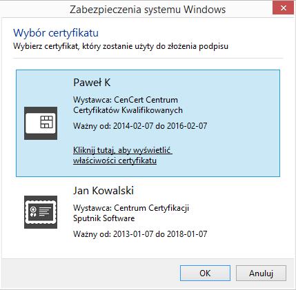 W kolejnym kroku wyświetlone zostanie okno Wybór certyfikatu, gdzie użytkownik wybiera dany certyfikat, które znajdują się obecnie w urządzeniu kryptograficznym bądź
