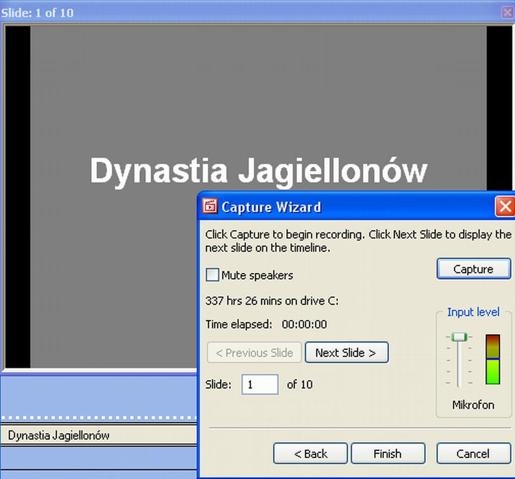 Po kliknięciu przycisku Finish zapisz plik z narracją (*.wma). Rys. X.8p Teraz czas na synchronizację slajdów z dźwiękiem (rys. X.9p).