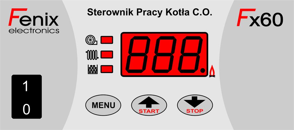 IV. Obsługa sterownika 1. Widok panelu sterowania. Wyświetlacz LED 3-cyfrowy Praca wentylatora Praca pompy C.O. Praca podajnika Włącznik główny Wejście do MENU Stan pracy Rozruch kotła.