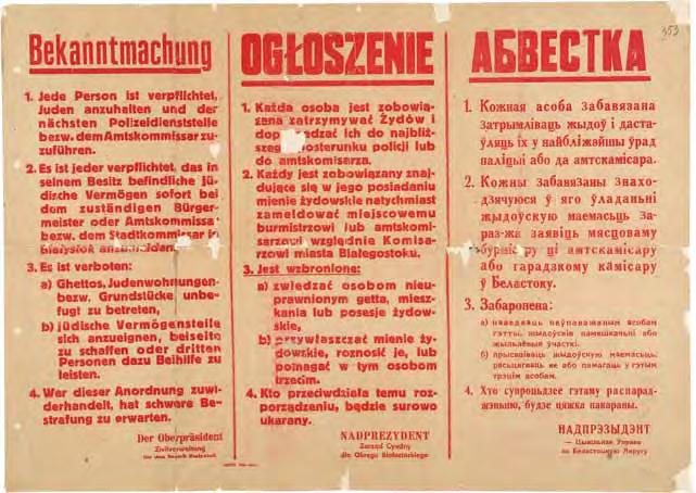karta nr 10 Polacy ratujący Żydów w latach II wojny światowej Ogłoszenie w języku niemieckim, polskim i białoruskim (Białostocczyznę zamieszkiwała również ludność