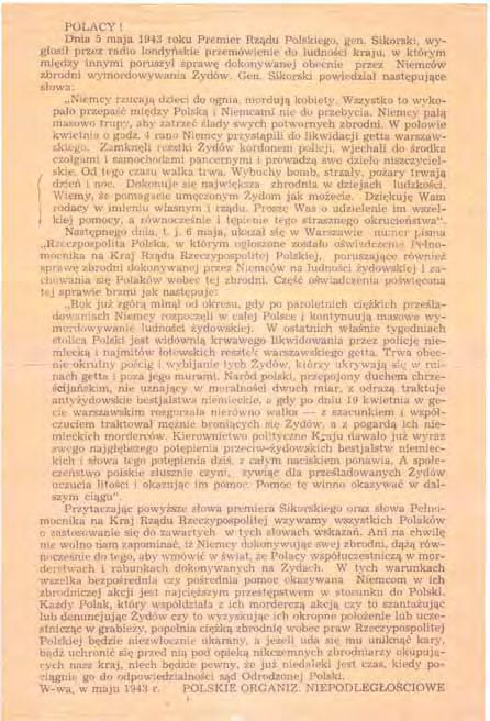 Polacy ratujący Żydów w latach II wojny światowej karta nr 25 Odezwa do społeczeństwa polskiego wydana przez Żegotę w maju 1943 r.