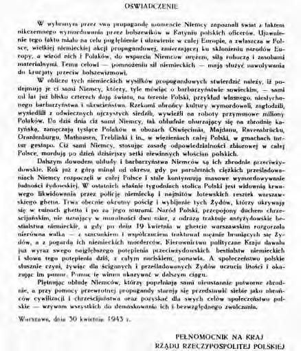 Polacy ratujący Żydów w latach II wojny światowej karta nr 26 Oświadczenie Pełnomocnika (Delegata) Rządu RP na Kraj Jana Stanisława Jankowskiego z 30 kwietnia 1943 r.