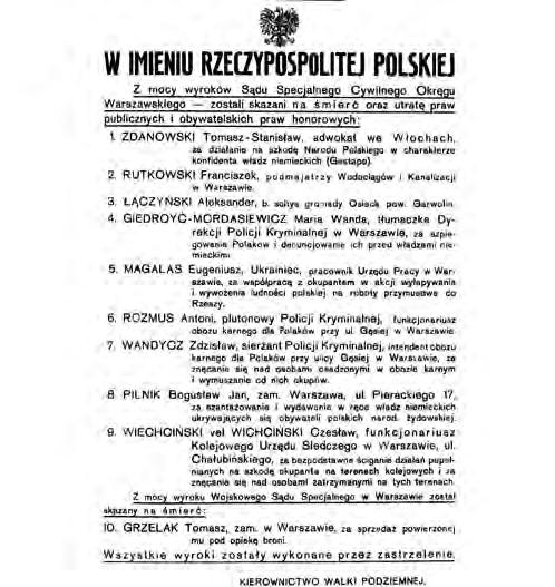 Polacy ratujący Żydów w latach II wojny światowej karta nr 32 Szantaż i szmalcownictwo były karane przez sądy Polskiego Państwa Podziemnego informacje o wykonaniu wyroków kolportowano w postaci
