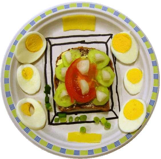 Drugie śniadanie Remika i Dawida Obraz warzywny - żółty ser - pomidor - jajko - ogórek