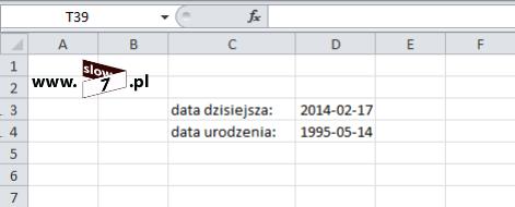 Funkcja ta zwraca bieżącą datę. Funkcję wpiszemy do komórki D3 formuła: =DZIŚ() a natomiast komórkę D4 wypełnimy interesującą nas datą np. 14 maj 1995r.