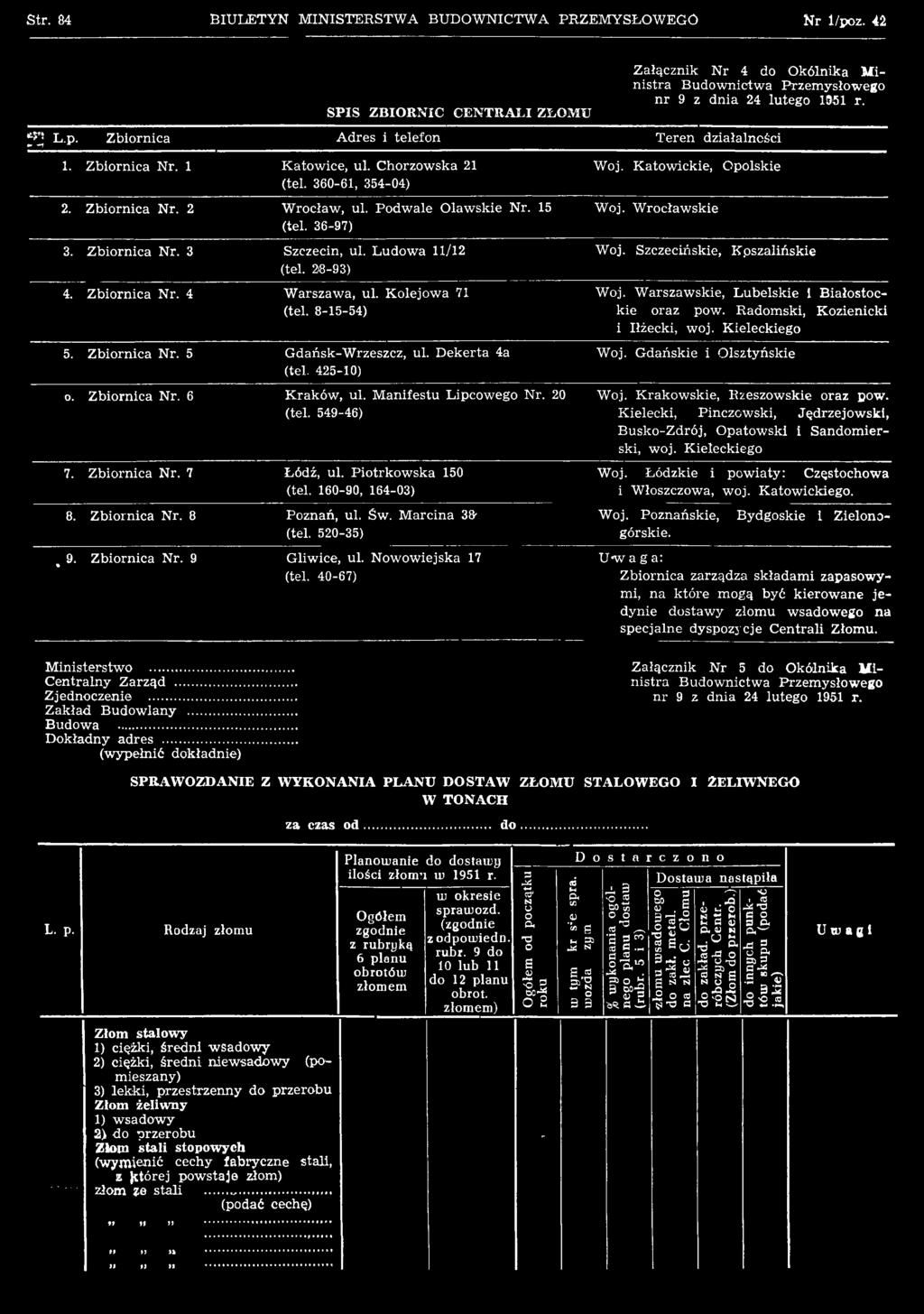 520-35) Zbiornica Nr. 9 Gliwice, ul. Nowowiejska 17 (tel. 40-67) Woj. K atow ickie, Opolskie Woj. W rocław skie Woj. Szczecińskie, K pszalińskie Woj. W arszawskie, L ubelskie i Białostockie oraz pow.