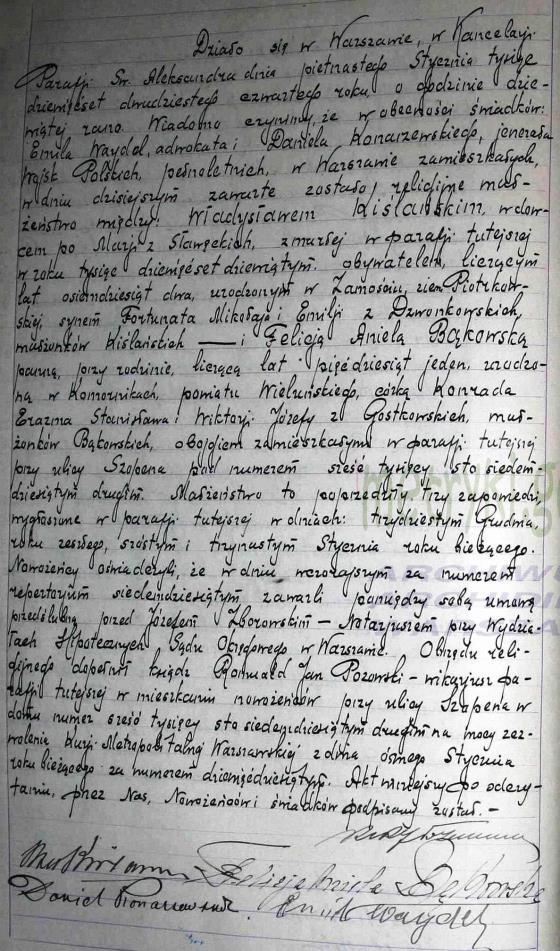 Aleksandra W-wa); wdowiec Świadkowie: Jan Kazimierz Bąkowski i Henryk Chwalibóg, lat 41, ziemianin ze wsi Zajączki Rodzice chrzestni: Ferdynand Magnuski (właściciel wsi