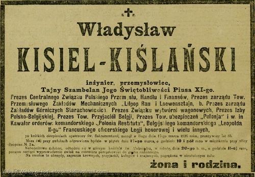 herb Światołdycz > Cmentarz Stare Powązki, kw. Z, rz. 5, 6, miejsce 1, 2, 3; kaplica nagrobna, bok lewy, tablica inskrypcyjna: Ś.P. / - WŁADYSŁAW KISIEL KIŚLAŃSKI / INŻYNIER I PRZEMYSŁOWIEC / TAJNY SZAMBELAN J.