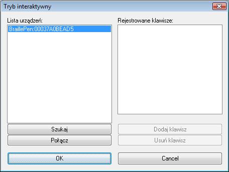 5.4 Okno trybu interaktywnego W trybie interaktywnym użytkownik ma możliwość powiązania kombinacji z klawiatury BraillePen z klawiaturą komputerową bez znajomości składni, lub nazw klawiszy.