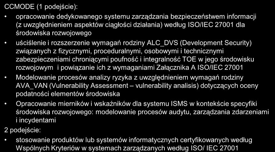 2.13 Integracja podejścia ISO/IEC 15408 oraz ISO/IEC 27001 CCMODE (1 podejście): opracowanie dedykowanego systemu zarządzania bezpieczeństwem informacji (z uwzględnieniem aspektów ciągłości