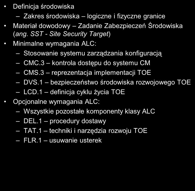 2.5 Podstawowe wymagania Definicja środowiska Zakres środowiska logiczne i fizyczne granice Materiał dowodowy Zadanie Zabezpieczeń Środowiska (ang.